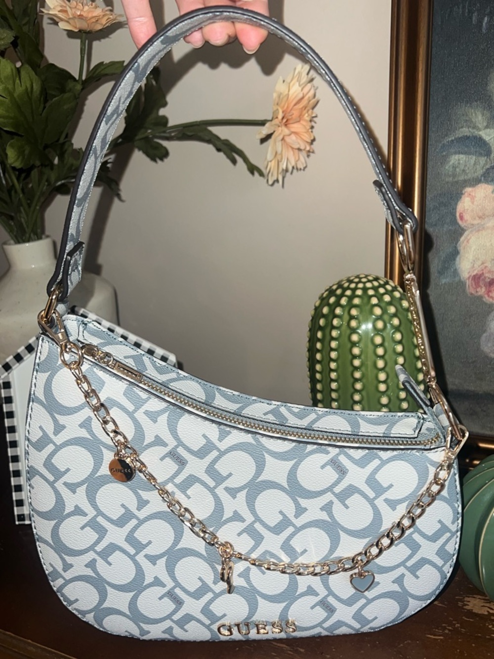 GUESS Blue Logo Shoulder Bag with Gold Chain Detail - Like New!